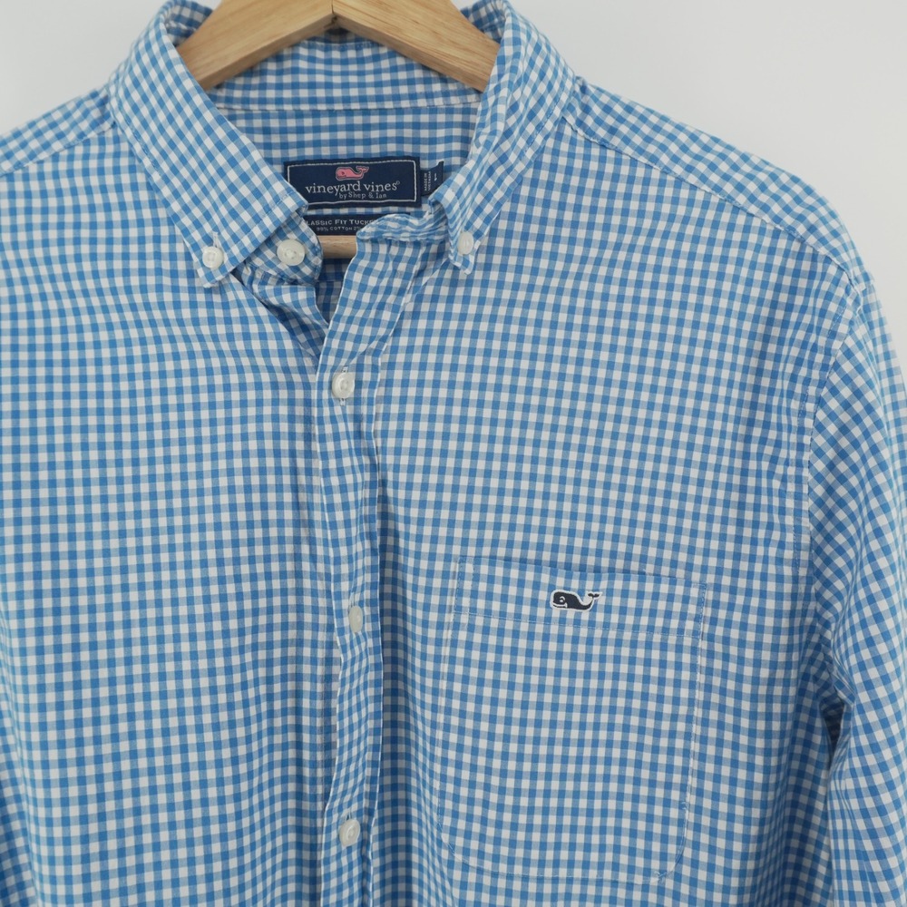 Vineyard Vines Button Down Shirt Mens L Blue Gingham Tucker Classic Fit Stretch